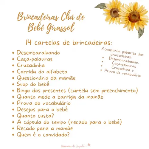 Kit Brincadeiras Chá de Bebê Girassol -pdf