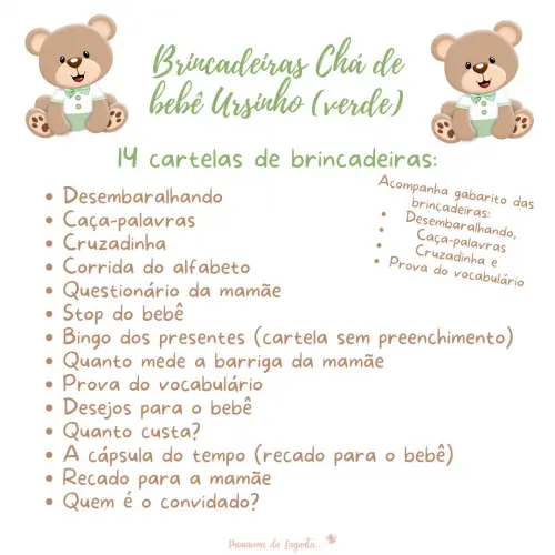 Kit Brincadeiras Chá de Bebê Ursinho Body (verde) -pdf