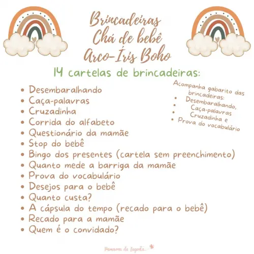 Kit Brincadeiras Chá de Bebê Arco-íris Boho (poá) -pdf