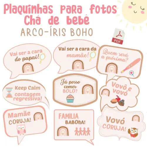 Kit Plaquinhas Chá de Bebê Arco-íris Boho (arquivo Pdf)
