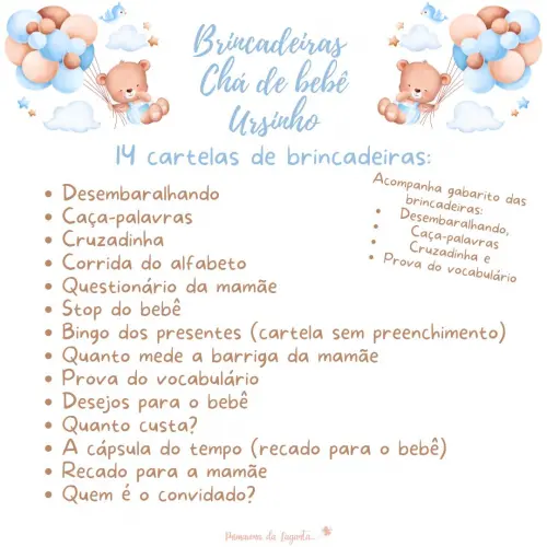 Kit Brincadeiras Chá de Bebê Ursinho Cute (azul Poá) -pdf