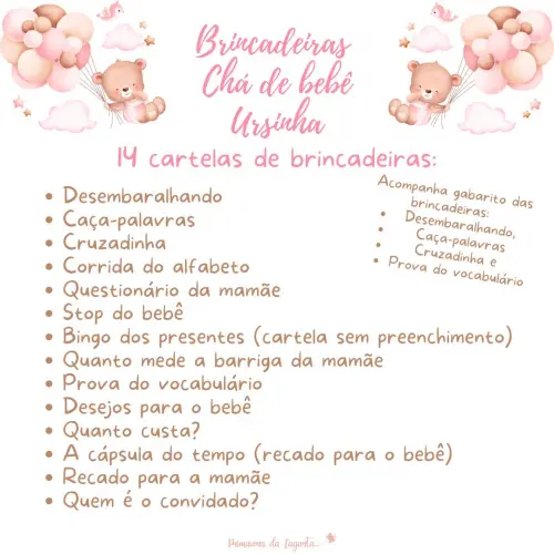 Kit Brincadeiras Chá de Bebê Ursinha Cute (rosa Poá) -pdf