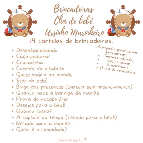 Kit Brincadeiras Chá de Bebê Ursinho Marinheiro Cute -pdf
