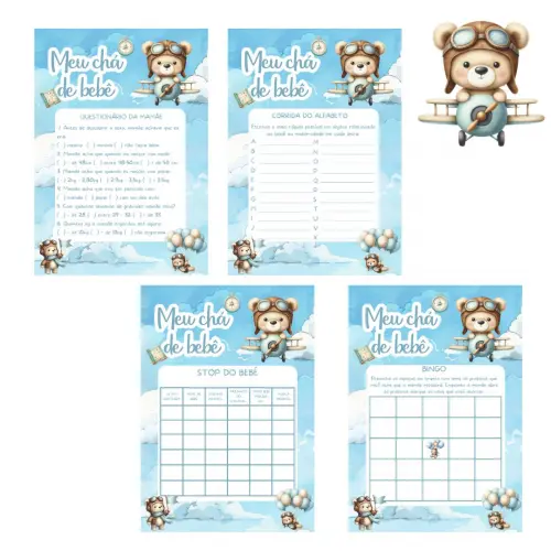 Kit Brincadeiras Chá de Bebê Ursinho Aviador Cute -pdf