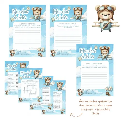 Kit Brincadeiras Chá de Bebê Ursinho Aviador Cute -pdf