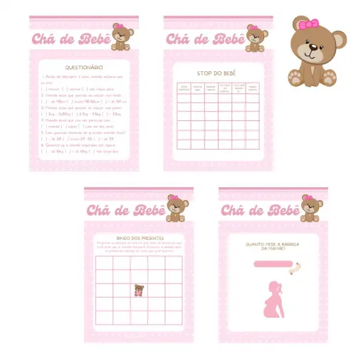Kit Brincadeiras Chá de Bebê Ursinha Rosa (digital Pdf)