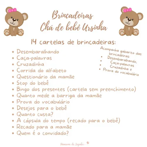 Kit Brincadeiras Chá de Bebê Ursinha Rosa (digital Pdf)