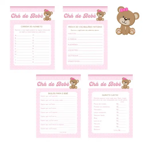Kit Brincadeiras Chá de Bebê Ursinha Rosa (digital Pdf)