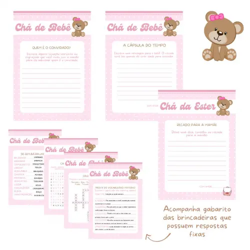 Kit Brincadeiras Chá de Bebê Ursinha Rosa (digital Pdf)
