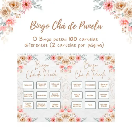 Bingo Chá de Panela Floral (100 Cartelas) - pdf