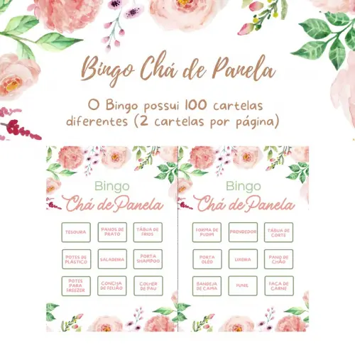 Bingo Chá de Panela Floral Aquarela (100 Cartelas) - pdf