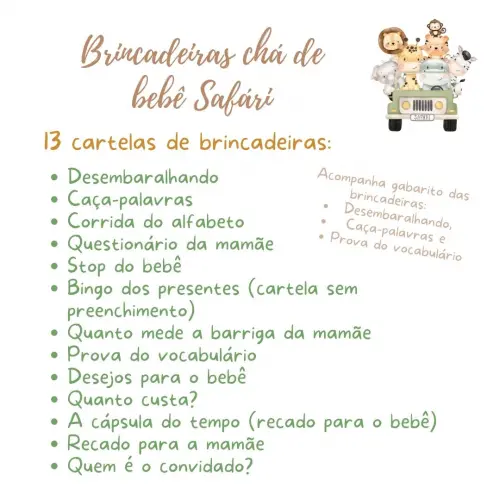Kit Brincadeiras Chá de Bebê Safári (bege) (digital Pdf)