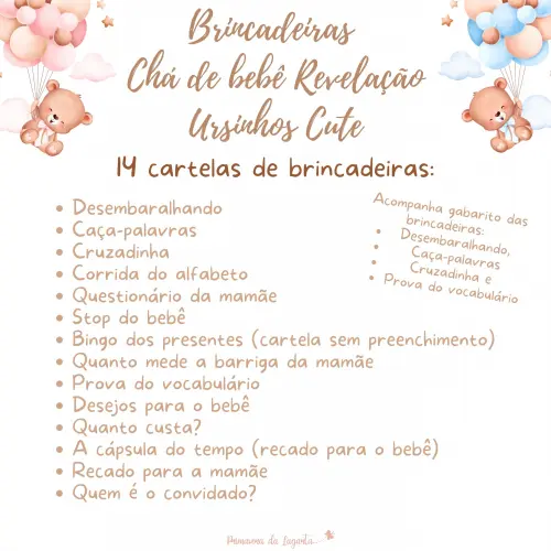 Kit Brincadeiras Chá de Bebê Revelação Ursinhos Cute (pdf)