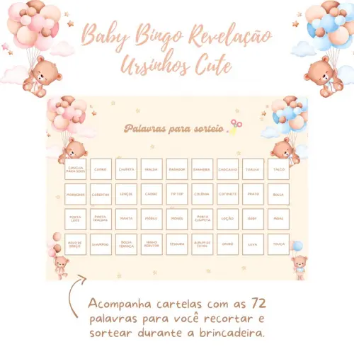 Baby Bingo Revelação Ursinhos Cute - 60 cartelas