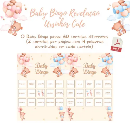 Baby Bingo Revelação Ursinhos Cute - 60 cartelas