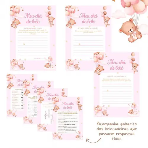 Kit brincadeiras Chá de Bebê Ursinha Cute (PDF)
