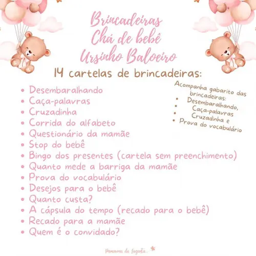 Kit brincadeiras Chá de Bebê Ursinha Cute (PDF)