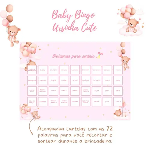 Baby Bingo Ursinha Cute (rosa) - 60 cartelas