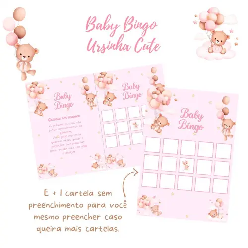 Baby Bingo Ursinha Cute (rosa) - 60 cartelas