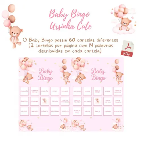 Baby Bingo Ursinha Cute (rosa) - 60 cartelas