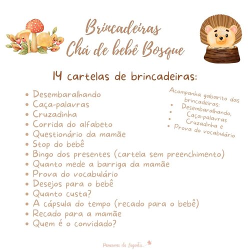 Kit brincadeiras Chá de bebê Animais no Bosque (PDF)