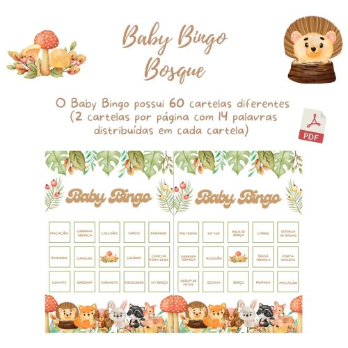 Baby Bingo Chá de bebê Animais no Bosque - 60 cartelas (PDF)