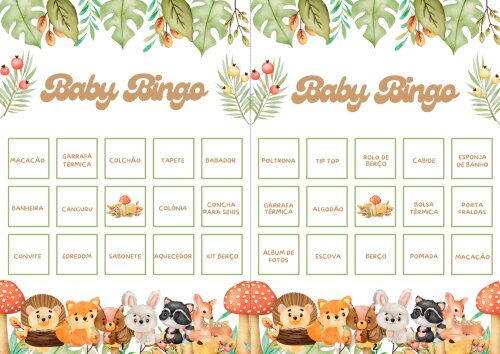 Baby Bingo Chá de bebê Animais no Bosque - 60 cartelas (PDF)