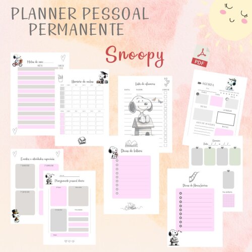 Planner Pessoal Permanente Snoopy minimalista (PDF)