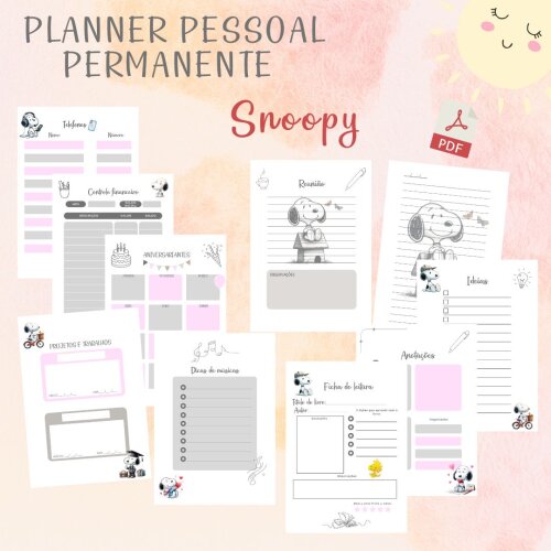 Planner Pessoal Permanente Snoopy minimalista (PDF)