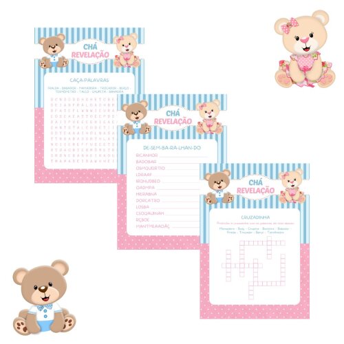 Kit Brincadeiras Chá Revelação Ursinho e Ursinha  (azul e rosa