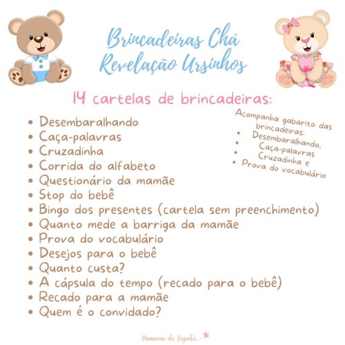 Kit Brincadeiras Chá Revelação Ursinho e Ursinha  (azul e rosa