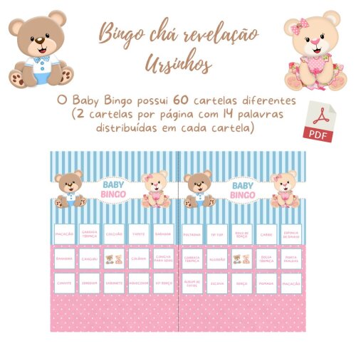 Baby Bingo Revelação Ursinho e Ursinha (rosa e azul) - 60 Carte