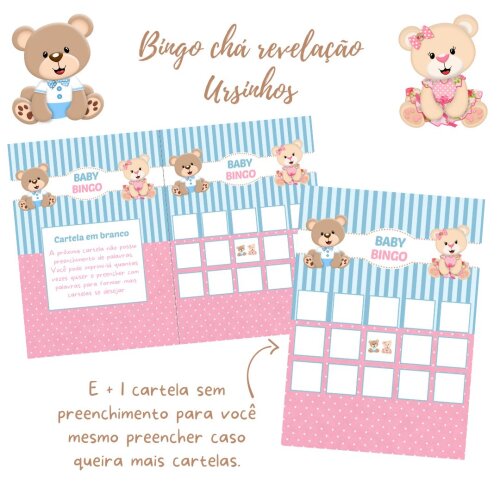 Baby Bingo Revelação Ursinho e Ursinha (rosa e azul) - 60 Carte