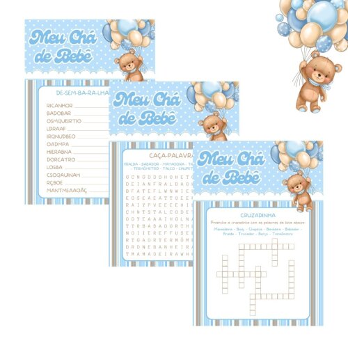Kit brincadeiras Chá de bebê Ursinho Balão (azul) - PDF