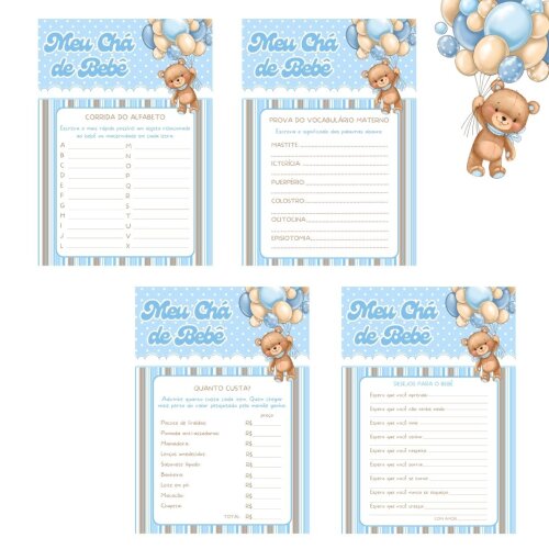 Kit brincadeiras Chá de bebê Ursinho Balão (azul) - PDF