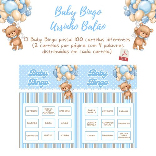 Baby Bingo Ursinho Balão - Azul (100 cartelas) - PDF