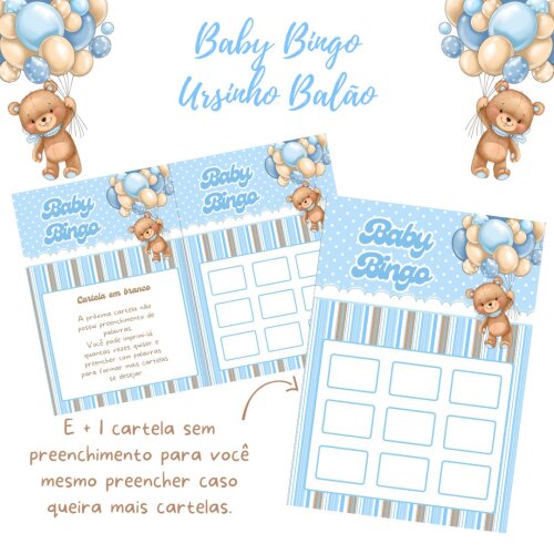 Baby Bingo Ursinho Balão - Azul (100 cartelas) - PDF