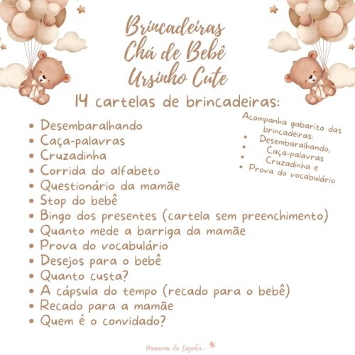 Kit brincadeiras Chá de Bebê Ursinho Cute (PDF)