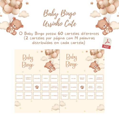Baby Bingo Ursinho Cute - 60 cartelas (PDF)