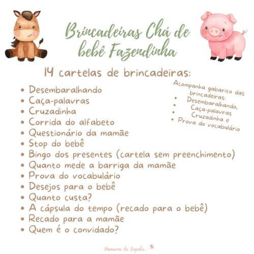 Kit brincadeiras Chá de Bebê Fazendinha Aquarela (PDF)