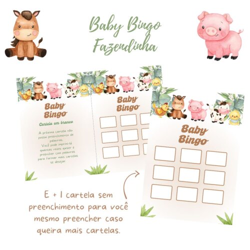 Baby Bingo Fazendinha Aquarela (bege) - 100 cartelas
