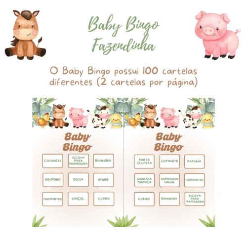 Baby Bingo Fazendinha Aquarela (bege) - 100 cartelas