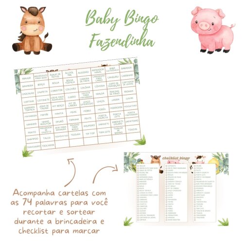 Baby Bingo Fazendinha Aquarela (bege) - 100 cartelas