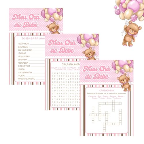 Kit brincadeiras Chá de bebê Ursinha Balão (rosa) - PDF