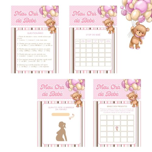 Kit brincadeiras Chá de bebê Ursinha Balão (rosa) - PDF
