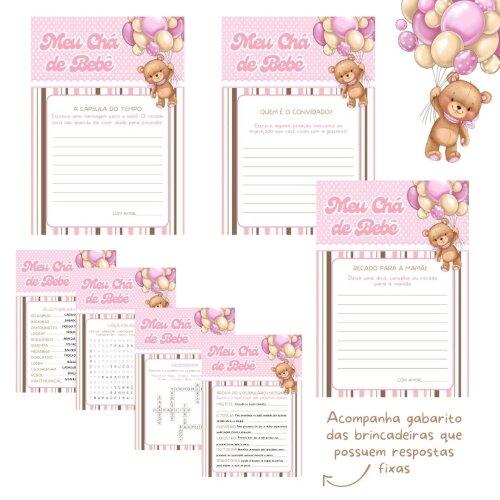 Kit brincadeiras Chá de bebê Ursinha Balão (rosa) - PDF