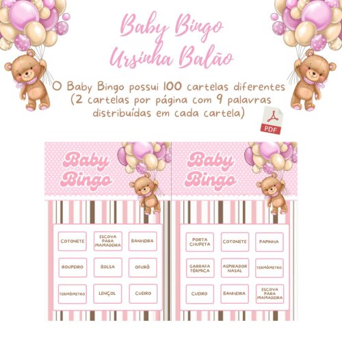 Baby Bingo Ursinha Balão - Rosa (100 cartelas) - PDF