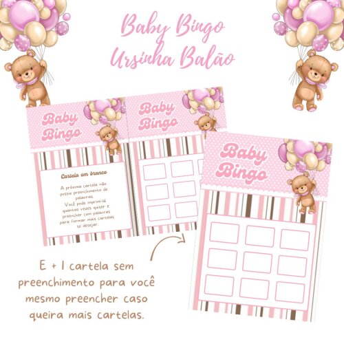 Baby Bingo Ursinha Balão - Rosa (100 cartelas) - PDF