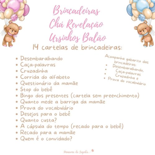 Kit brincadeiras Chá Revelação Ursinhos Balão (azul e rosa) -