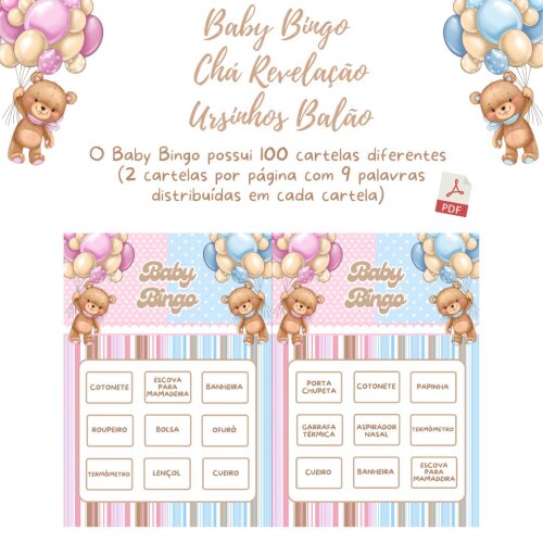 Baby Bingo Chá Revelação Ursinhos Balão - azul e rosa (100 ca